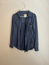 C&C California Women’s Blue Solid Knit Collared Button-Front Long Sleeve S picture