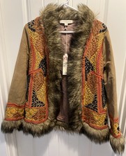 NWT Lovestitch Embroidered Faux Fur Lined Open Jacket Ultrasuede Small picture