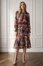 Willa Story Chiffon Smocked Blouson Maxi Dress Long Sleeve Abstract Print M picture