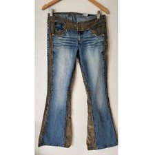 RARE Vintage Y2K Mudd Low Rise Flare Jeans Two Tone Blue Brown Size 7 picture
