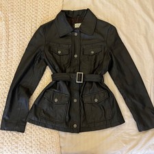 Vintage TOM TAILOR Women Genuine Leather Belted Safari Jacket Dark Brown EU 38 picture
