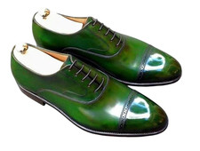 Handmade Green Genuine Leather Cap Toe Oxford Lace Up Office Dress Shoes For Men picture