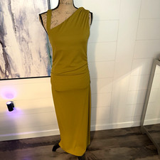 Zara NWT Asymmetrical Ruched Maxi Dress Mustard Olive Size L picture