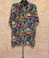 Disney Parks Mickey Mouse Blue Floral Hawaiian 2XL Short Sleeve Button-Up picture