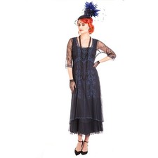Nataya True Romance Art Deco Style Dress Sapphire Blue Embroidered Tulle Midi picture