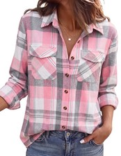 Zeagoo Pink Oversized Flannel for Woman Plaid Button Up V Neck Blouse XL picture