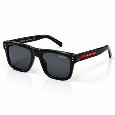 PRADA 3835 Black Glossy Rectangular Sunglasses Red Temple Detail Unisex picture