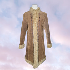 Vtg Y2k 90s Guess Brown Long Boho Afghan Penny Lane Suede Faux Fur Trim Coat L picture