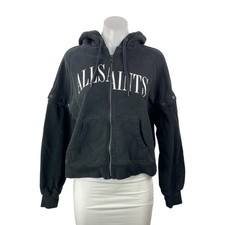 AllSaints Women's Black Spell Out Logo Zip Hoodie Hooded Sweatshirt Top Size S picture