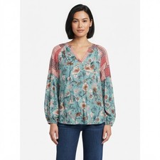 Jodifl Womens Teal Floral Boho Blouse Mixed Print V-Neck Balloon Sleeve Small picture