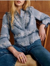 Sézane Nele Shirt Women's Size 4 Blue Vintage Ecru Eyelet Embroidered Cotton NWT picture
