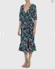 $696 SALONI Olivia Midnight Fern 100% silk midi ruffle  V-neck Wrap Dress US 4 picture