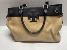 RARE Tory Burch Straw Stacked T LOGO Black Leather Trim Shoulder Tote Purse EUC picture