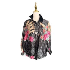 Vintage Reversible Floral Black Bomber Jacket Black Pink Zip Up Windbreaker picture