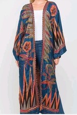 Raj Maria Sapphire Kimono Embroidered Long Duster Anthropologie Floral Hippie  picture
