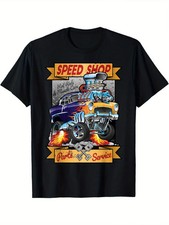 Vintage Hot Rod Muscle Car Men's T-Shirt- Black Cotton Classic Car Speed Shop Ca picture