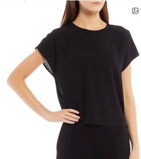 Eileen Fisher  Black Sheer Top Silk Blouse Short Sleeve Lightweight size L picture