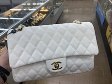 CHANEL Classic Double Flap Small White Quilted Leather Gold Chain Red Lining picture