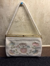 Vintage Antique Hand Beaded Dainty Pastel Floral White Evening Shoulder Bag picture