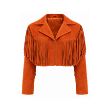 Luxury Women's Orange Suede Leather Fringe Jacket Western Boho Cropped Coat picture