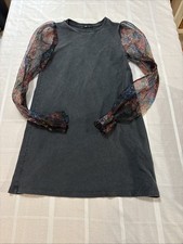 ZARA Gray wash CONTRASTING ORGANZA DRESS TRF PUFF SHOULDERS Fall Colors S picture