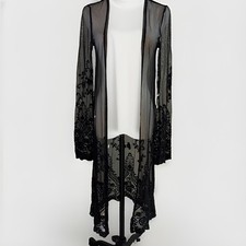 Black Sheer Lace Embroidered Cardigan Duster Size S Open Front Whimsigoth Fairy picture