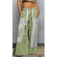 POL Clothing Patchwork Denim Pants Olive Green Floral Wide Leg Drawstring Size M picture