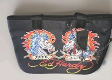 NWT Ed Hardy Flaming Horses Dead Or Alive Zip Tote Purse Bag In Black picture