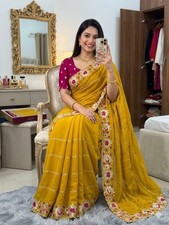 Indian Bollywood Designer Georgette Saree Embroidery Work Blouse Party Wear Sari picture