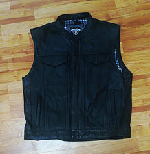 Highway 21 Mens L Black Leather Motorcycle Vest Plaid Lined Zip Snap Pockets picture