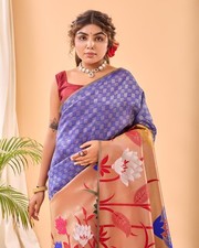 Traditional Pure Paithani Silk Saree Blouse Meenakari Motifs Contrast Rich Pallu picture