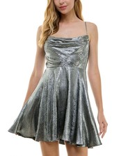City Studios Juniors' Drape-Neck Sleeveless Fit & Flare Foil Dress MSRP $69 picture