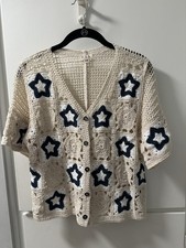 POL Short Sleeve Star Pattern Crocheted Women’s Top (cream/navy) NWOT picture