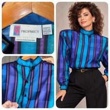 Vintage NOS Prophecy 80’s Power Blouse 11/12 Jewel Tone Striped Shoulder Pads picture