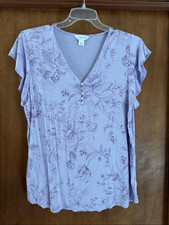 Liz Claiborne Floral V Neck Blouse XL Lavender Button Front Flutter Sleeve picture