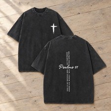 Psalm 91 Christian Cross T-Shirt Men Oversized Acid Wash Black Cotton Y2K Tee picture