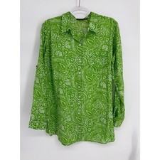 KikiSol Womens Lime Green White Paisley Cotton Button Down Shirt Sz M Long Sleev picture