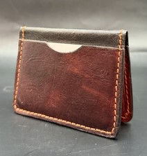 New Handmade Leather Bifold Card Wallet Brown Oxblood Orange Stitching Slim picture