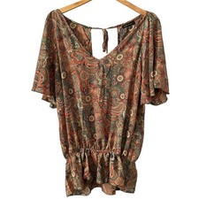 Karma Highway Peasant Boho Paisley Flutter Sleeve Open Back Tie Blouse One Size picture