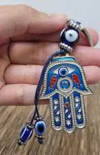 Hamsa Hand of Fatima Keychain Blue Evil Eye Good Luck Jewish Protection Silver picture