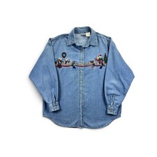 Vintage Bobbie Brooks Embroidered Christmas Bears Denim Shirt - Size Large picture