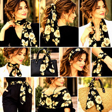 Vintage 80s Womens Black Champagne Rose Floral Crepe Scarf Romantic 46