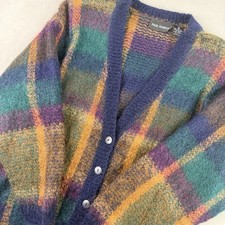 Vintage Paul Harris Sweater Womens Medium Multicolor Mohair Plaid Cardigan 90s picture