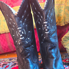 Vintage 70s 80s Black Leather Western Cowboy Boots Geometric Cutout Size 10 W picture