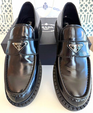 PRADA Men’s Black Leather Logo Plaque Slip-On Loafers Round Toe US 10.5 picture