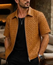 Men's Woven Lambskin Leather Jacket | Braided Zip Summer & Winter Coat | picture