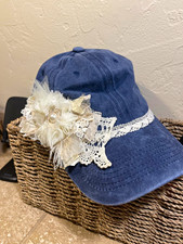 Women’s Blue Denim Cotton Baseball Cap, White Lace & Flower Accent, One Size picture