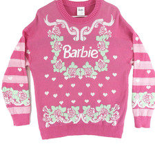 Barbie x Forever 21 Pink Knit Sweater Floral Rose Ribbon Hearts Crewneck Retro M picture