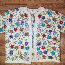 Vtg 1960s Rare Gene Shelly’s Boutique Hand Embroidered Floral Cardigan Sweater picture