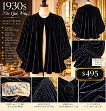 Nite Club Wraps 1930s Black Silk velvet Swing Jacket Sleeves Covered Button picture